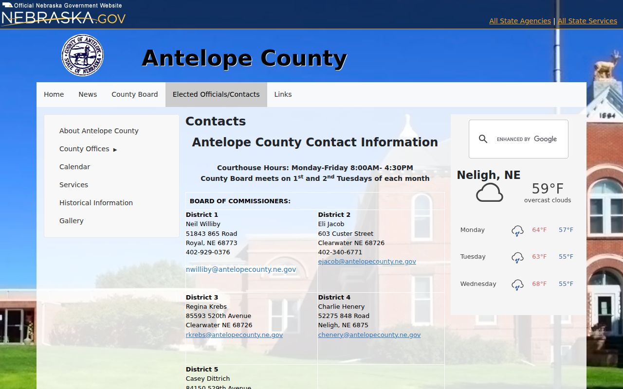 Antelope County warrant records reference showing the official county contact directory