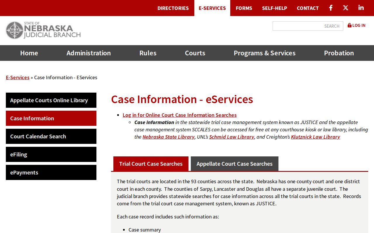 Antelope County warrant lookup reference showing the public JUSTICE case-information page