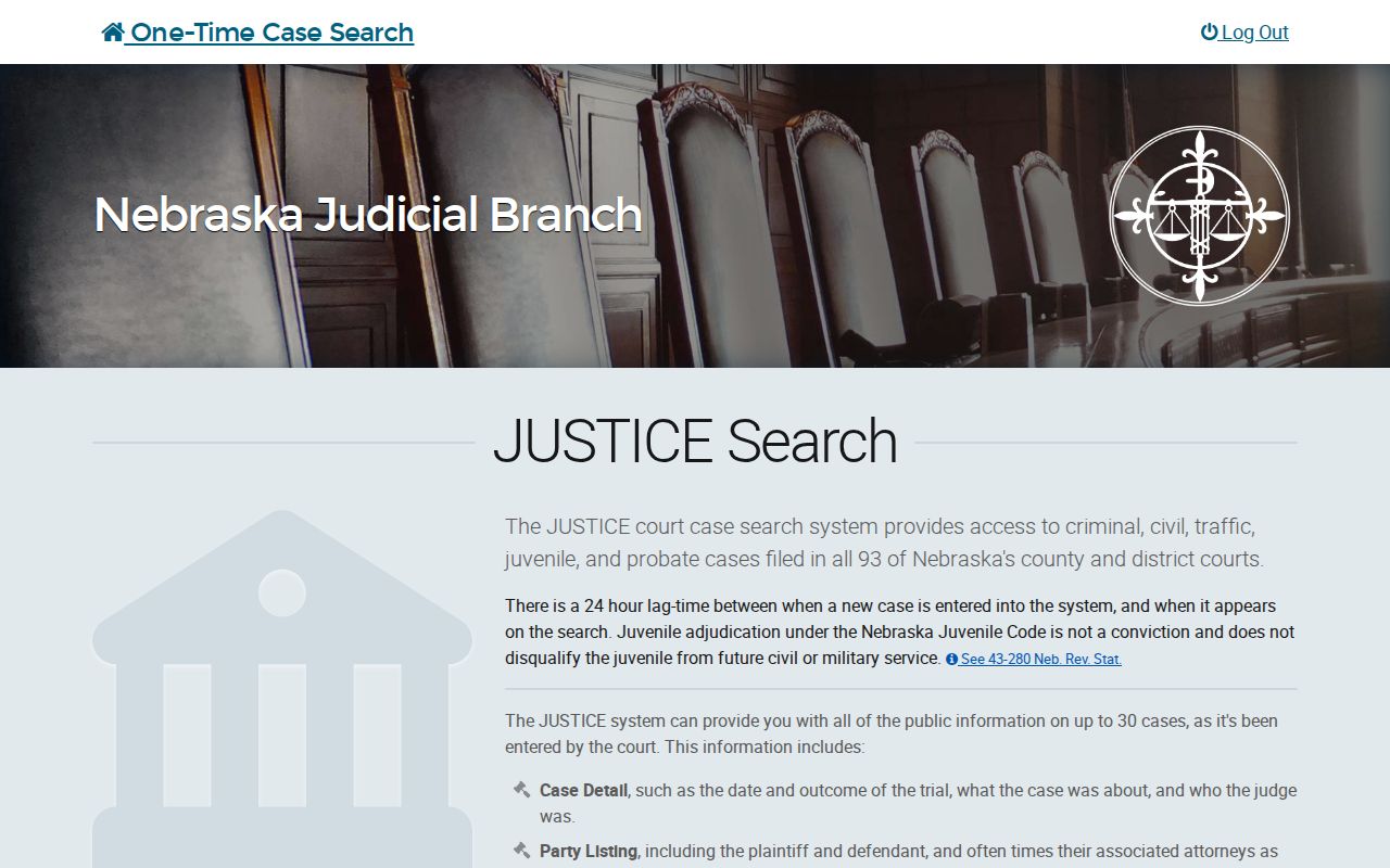 Antelope County warrant search reference showing the Nebraska JUSTICE search page