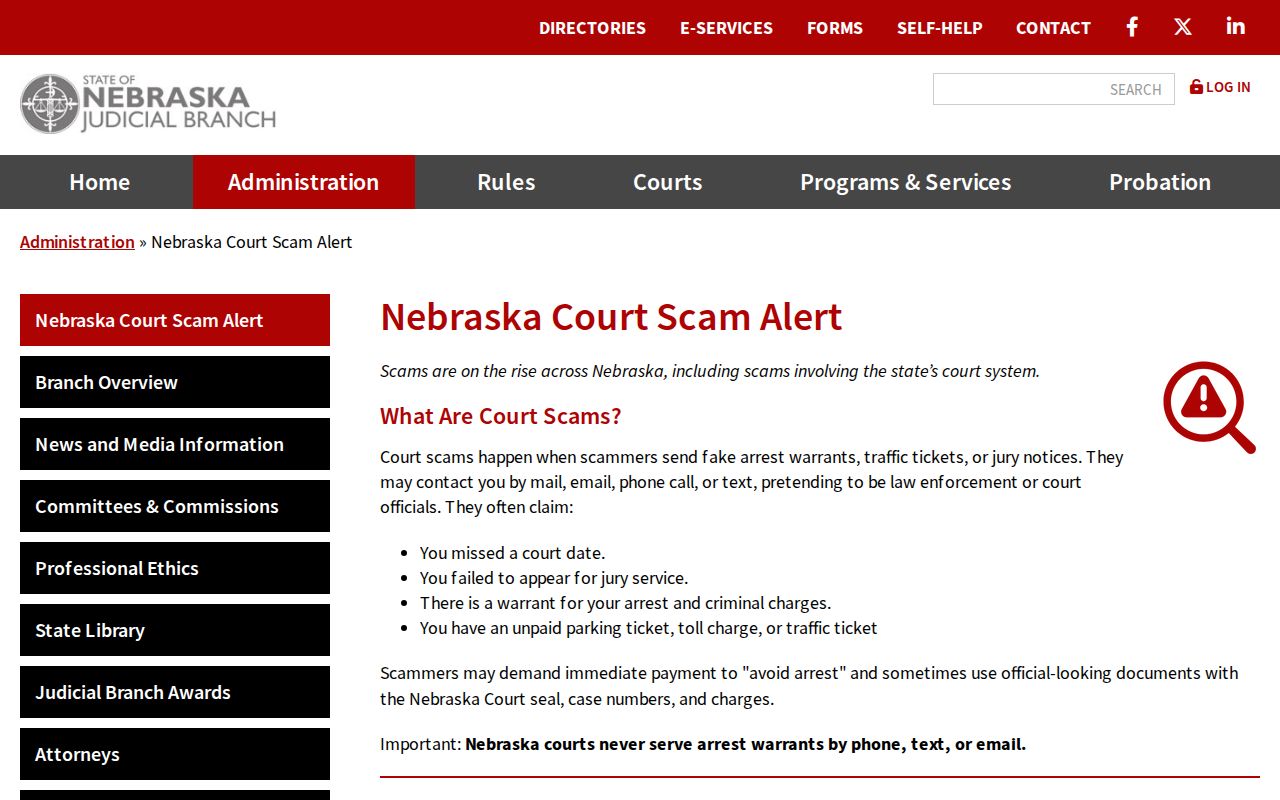 Antelope County most wanted reference showing the official Nebraska court scam warning