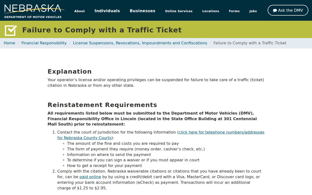 Antelope County traffic warrant reference showing Nebraska DMV ticket compliance guidance