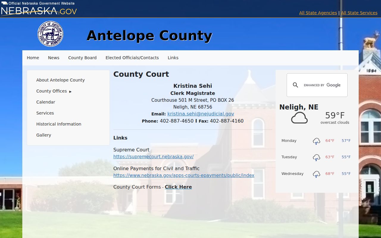 Antelope County warrant records reference showing the County Court contact page