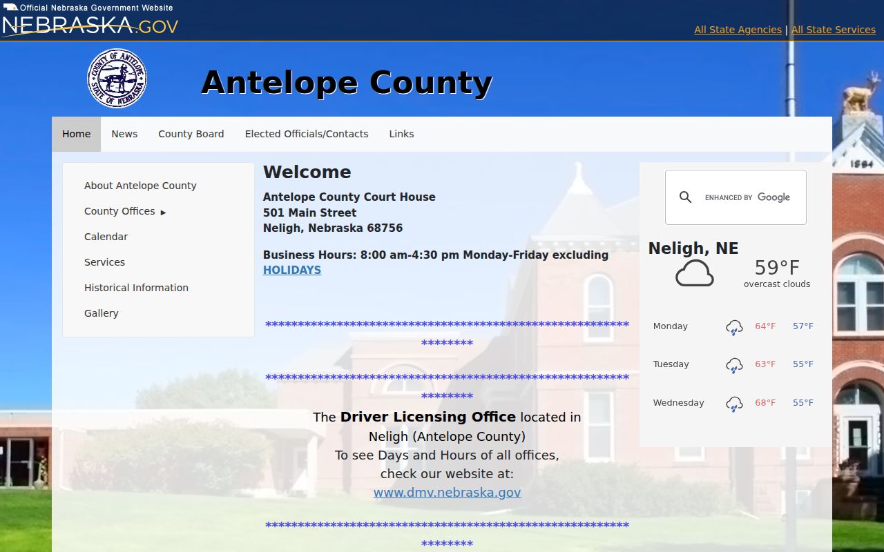 Antelope County warrant records reference showing the county government homepage