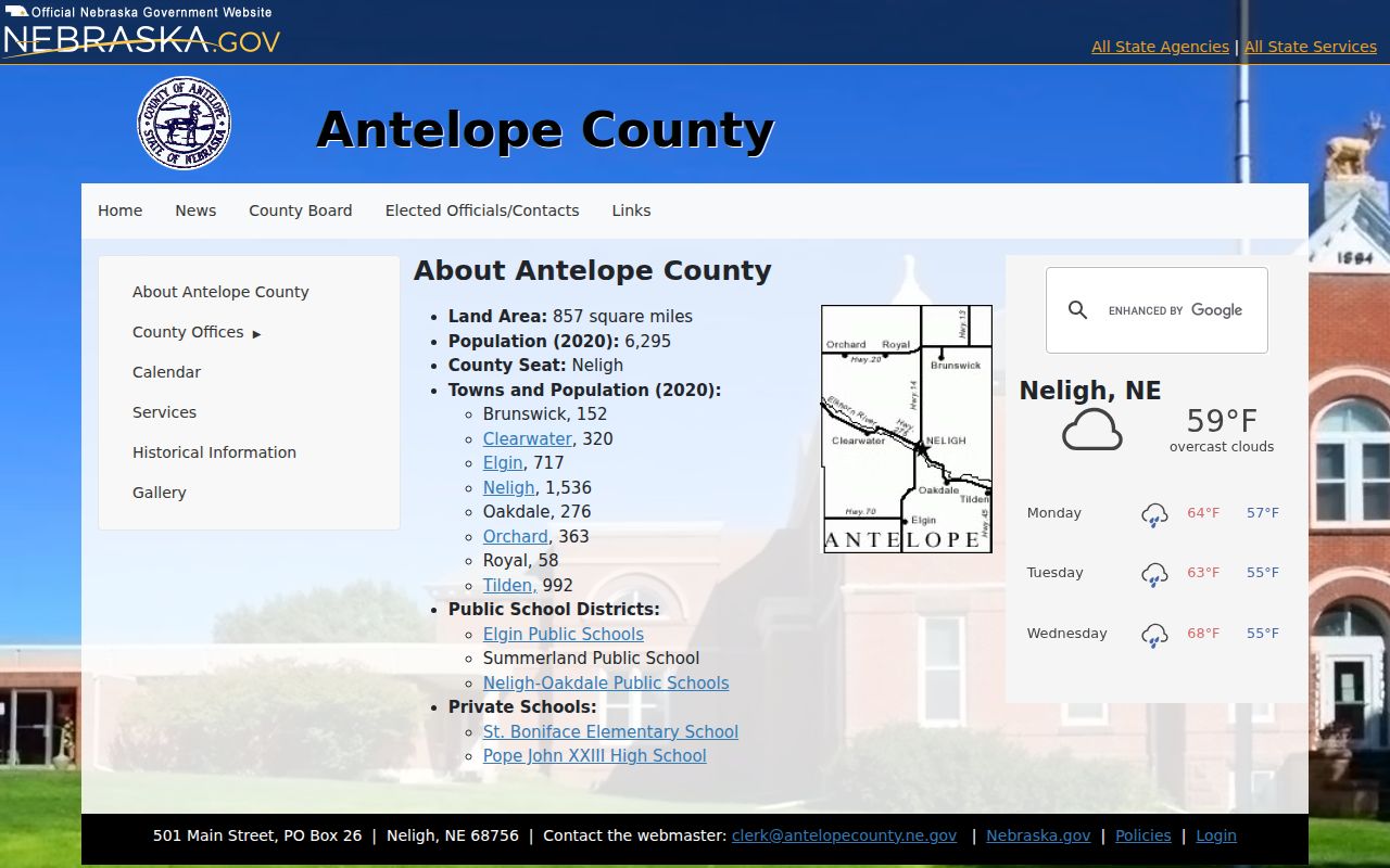 Antelope County warrant records reference showing county map and population context