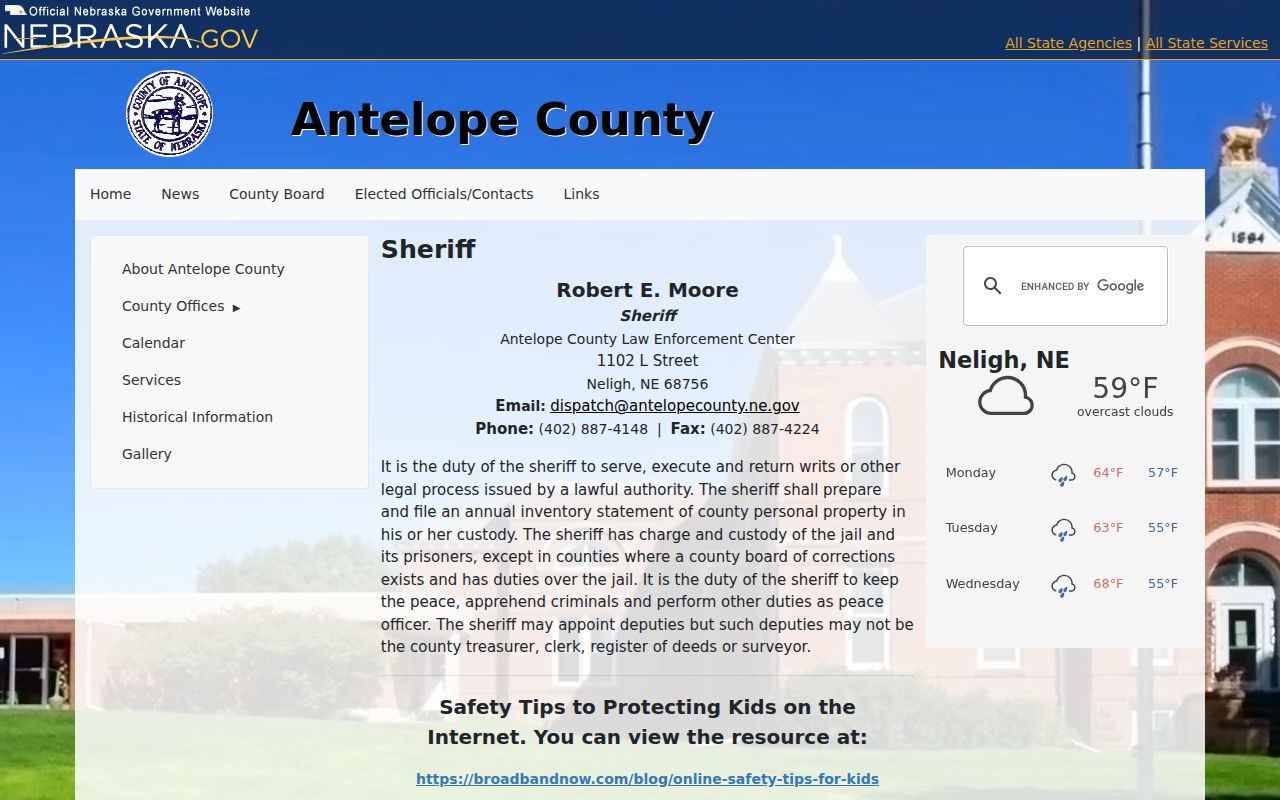 Antelope County warrant records reference showing the official sheriff and Law Enforcement Center page